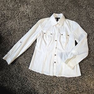 Alfani Chic White Button-Up Military Shirt w Gold Buttons; Women's Size 4